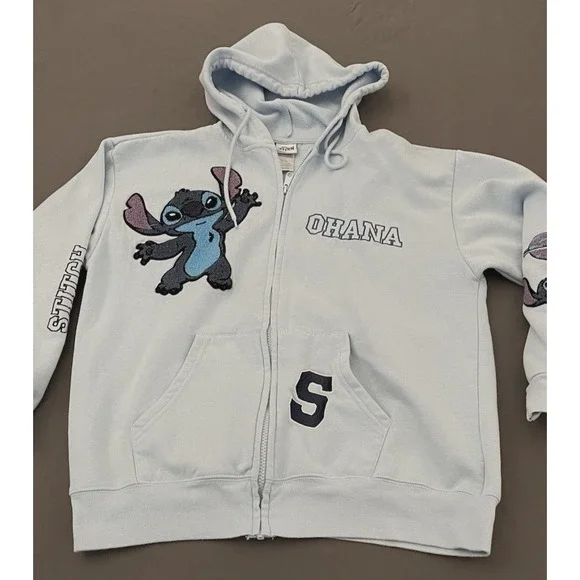 STITCH Disney Ohana Lilo & Stitch Light Blue Hooded Full Zip Jacket Size Large - Picture 3 of 9